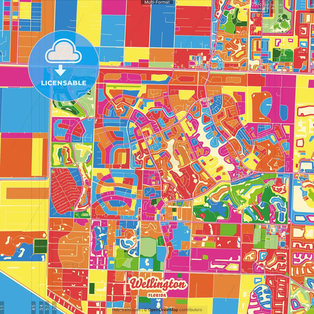 Wellington, Florida, United States Crazy Colorful Street Map Poster Template
