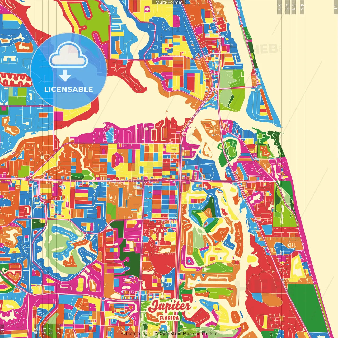 Jupiter, Florida, United States Crazy Colorful Street Map Poster Template