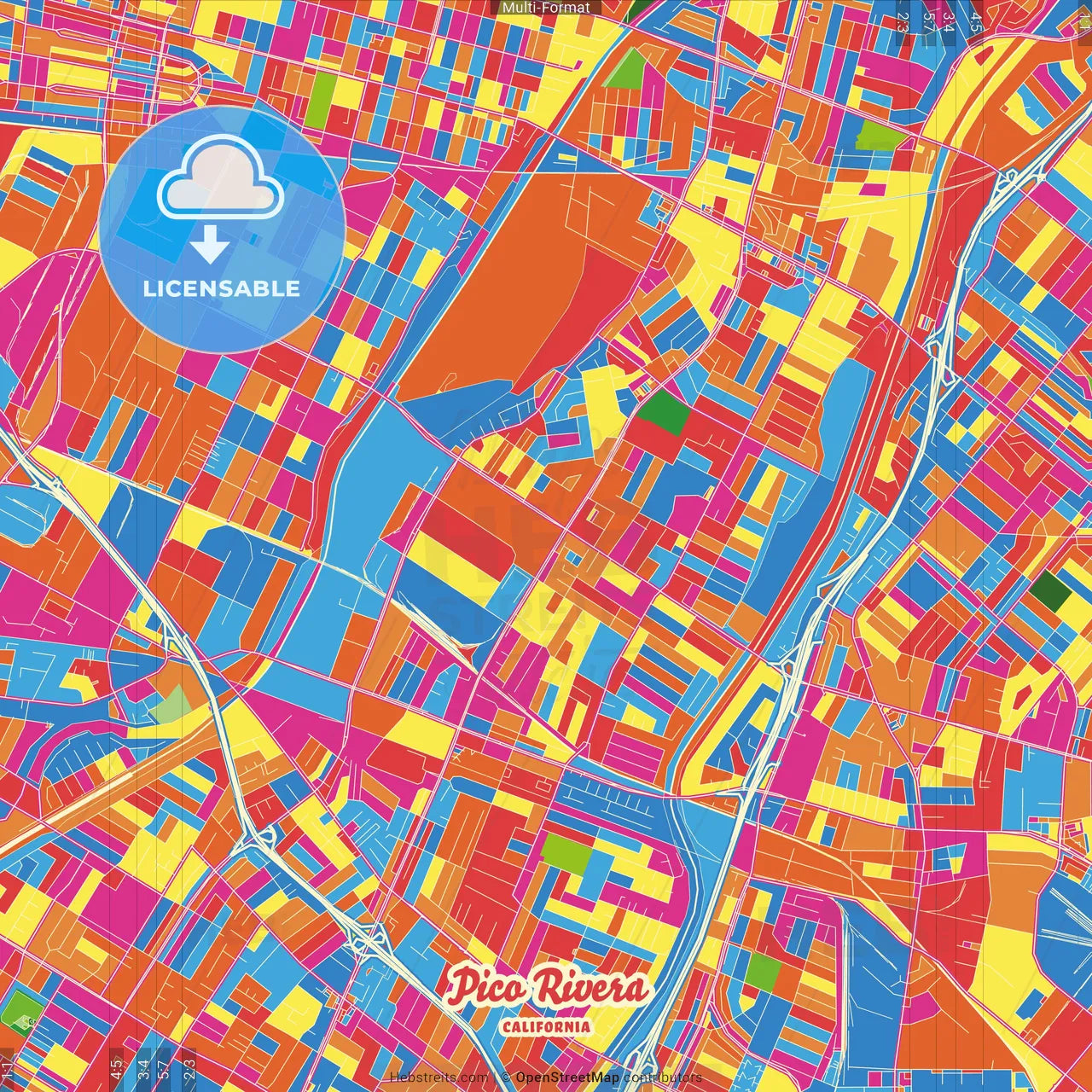 Pico Rivera, California, United States Crazy Colorful Street Map Poster Template