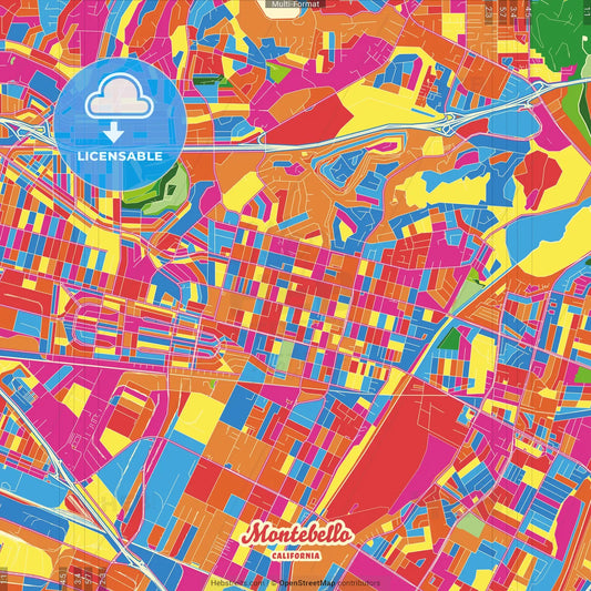 Montebello, California, United States Crazy Colorful Street Map Poster Template