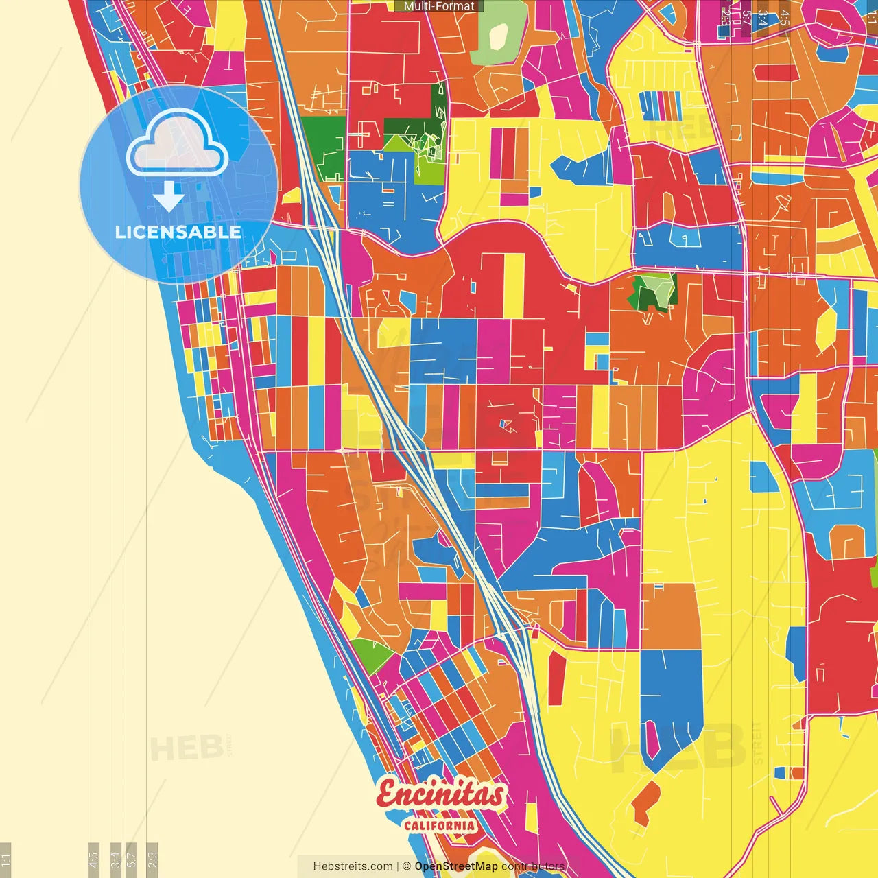 Encinitas, California, United States Crazy Colorful Street Map Poster Template