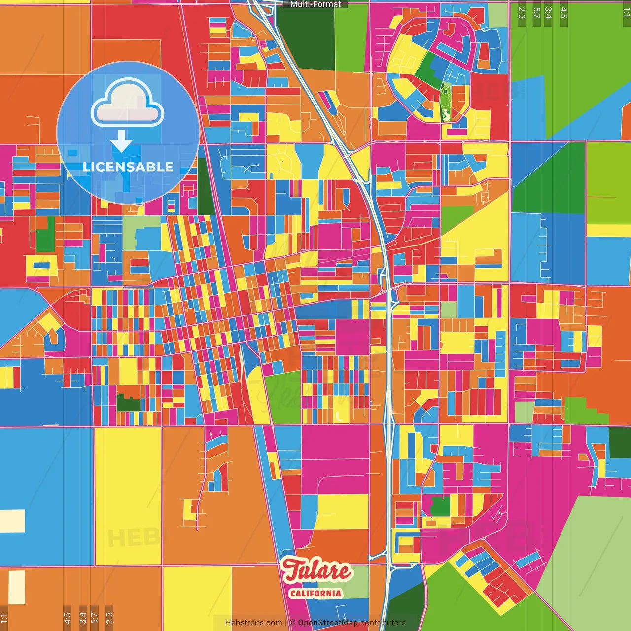 Tulare, California, United States Crazy Colorful Street Map Poster Template