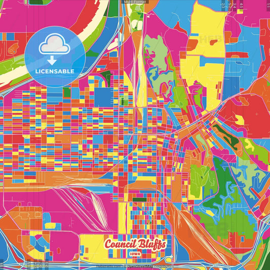 Council Bluffs, Iowa, United States Crazy Colorful Street Map Poster Template