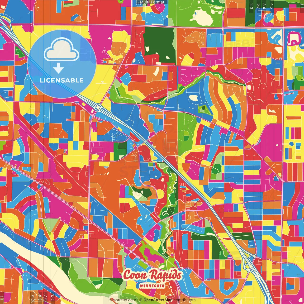 Coon Rapids, Minnesota, United States Crazy Colorful Street Map Poster Template