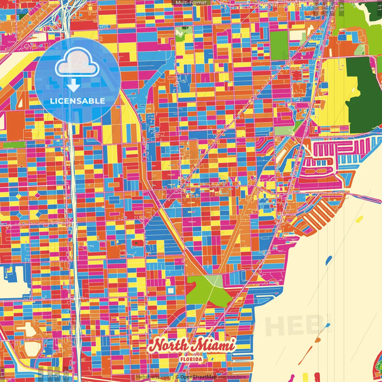 North Miami, Florida, United States Crazy Colorful Street Map Poster Template