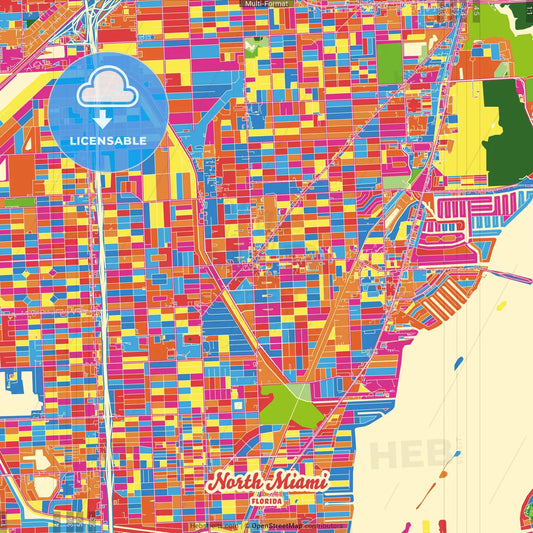 North Miami, Florida, United States Crazy Colorful Street Map Poster Template