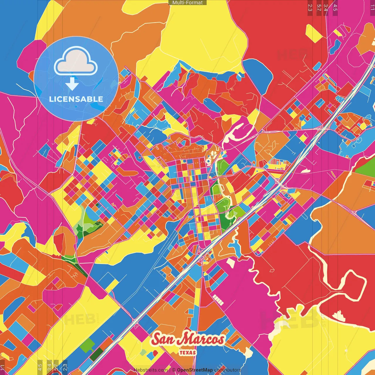San Marcos, Texas, United States Crazy Colorful Street Map Poster Template