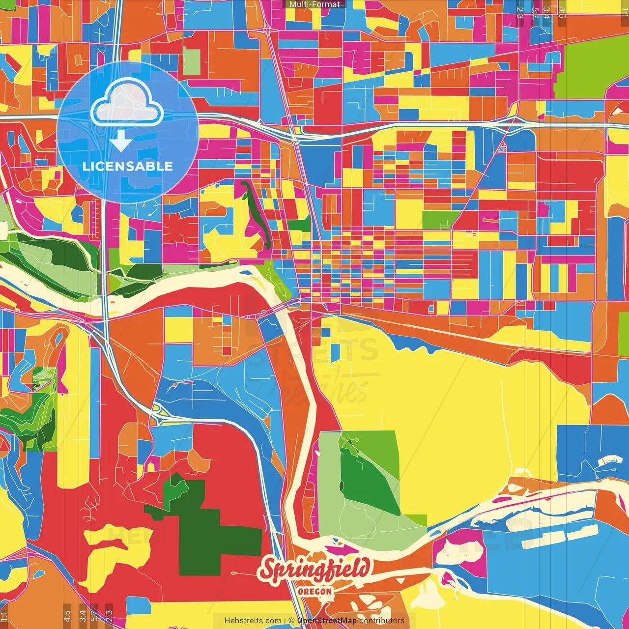 Springfield, Oregon, United States Crazy Colorful Street Map Poster Template
