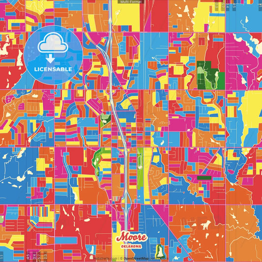 Moore, Oklahoma, United States Crazy Colorful Street Map Poster Template
