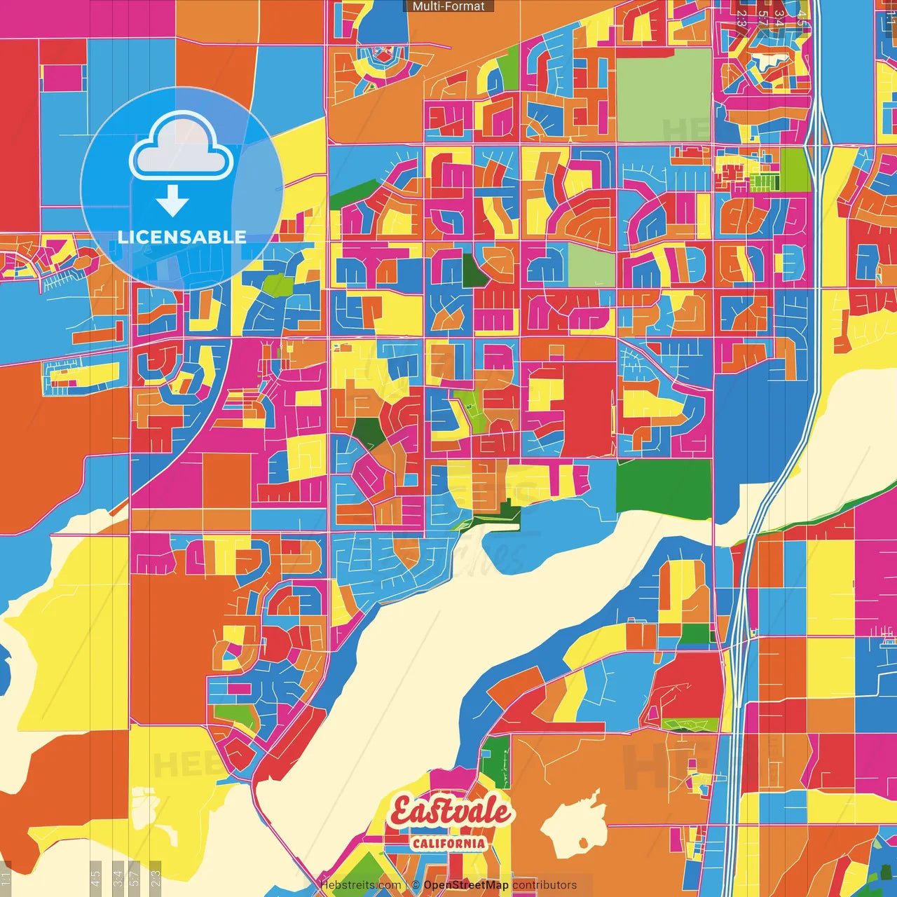 Eastvale, California, United States Crazy Colorful Street Map Poster Template