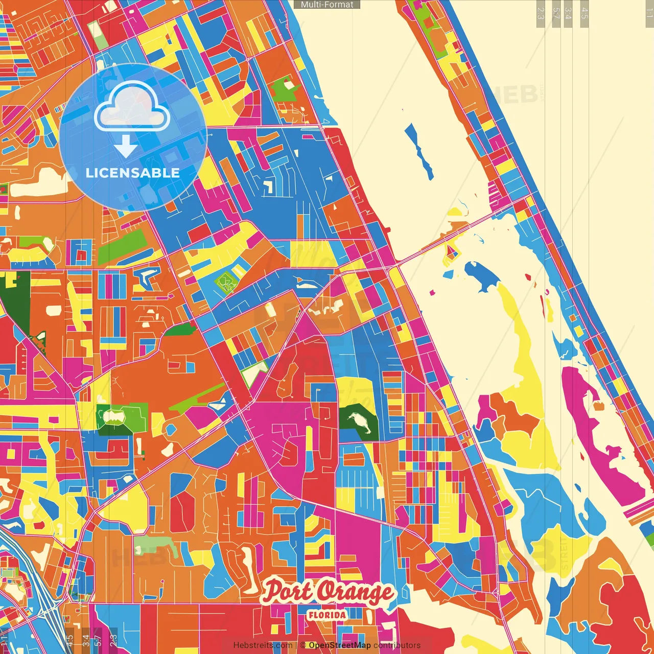 Port Orange, Florida, United States Crazy Colorful Street Map Poster Template