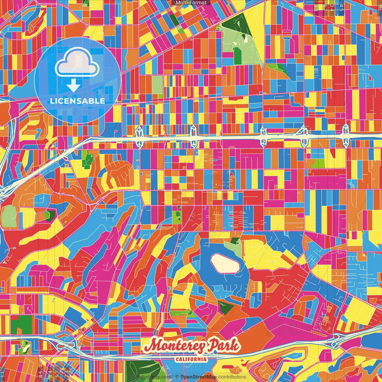 Monterey Park, California, United States Crazy Colorful Street Map Poster Template