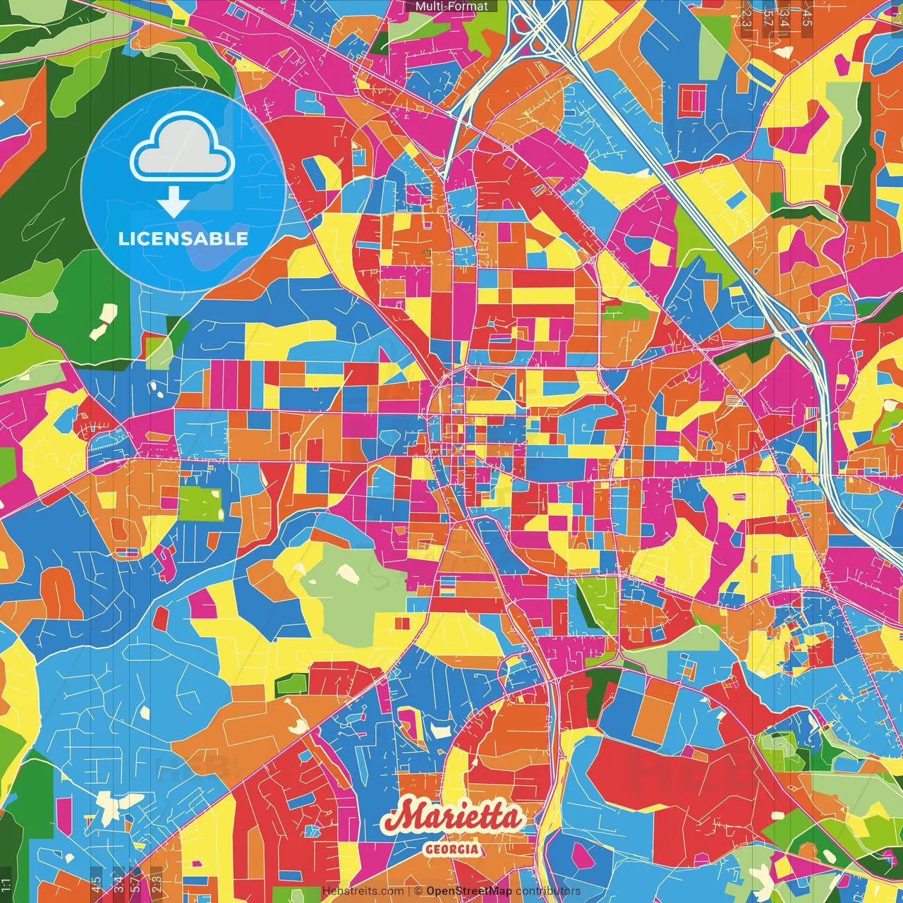 Marietta, Georgia, United States Crazy Colorful Street Map Poster Template