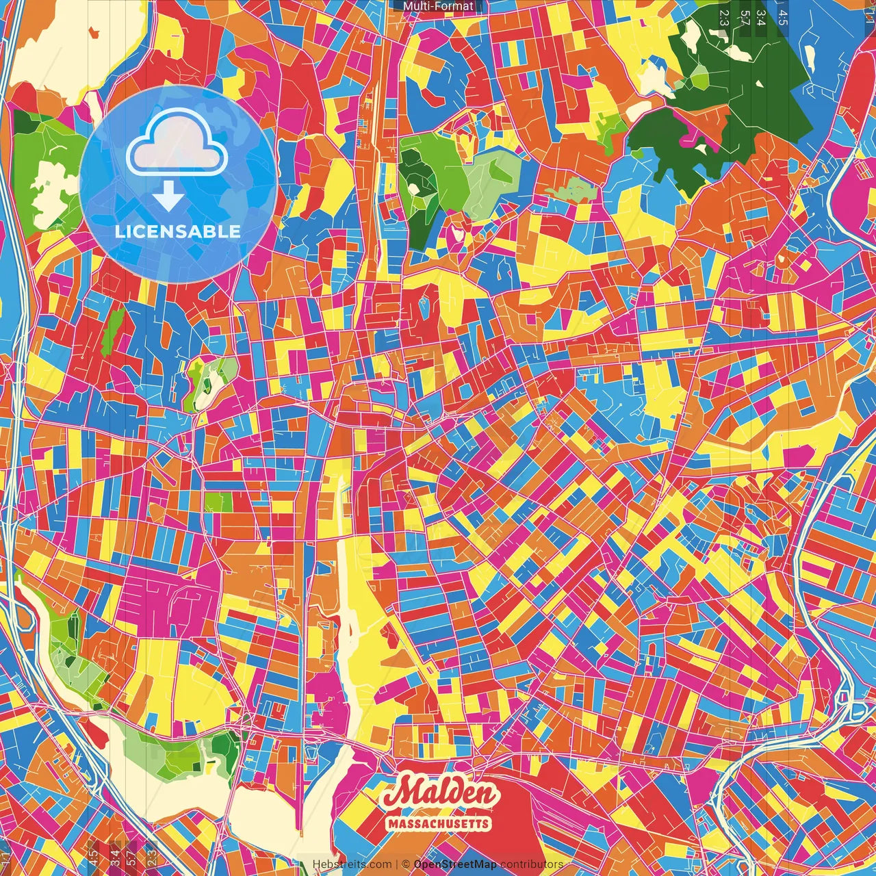 Malden, Massachusetts, United States Crazy Colorful Street Map Poster Template