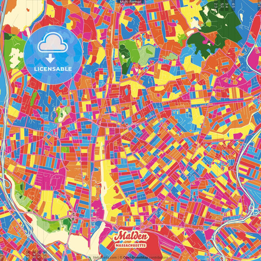 Malden, Massachusetts, United States Crazy Colorful Street Map Poster Template