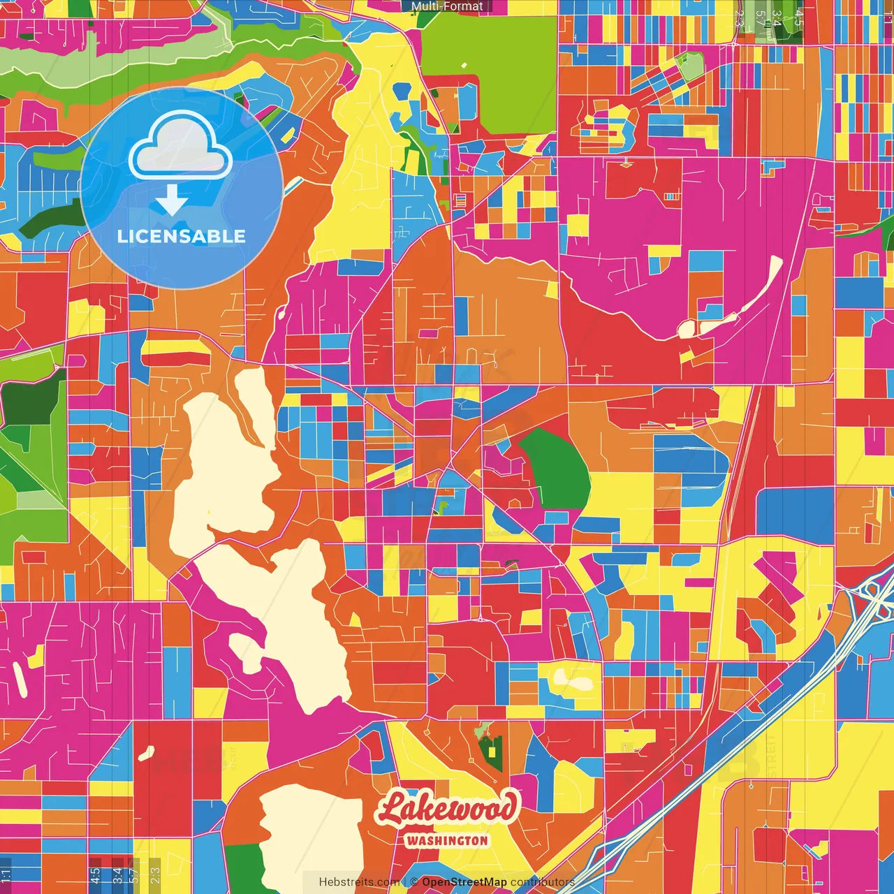 Lakewood, Washington, United States Crazy Colorful Street Map Poster Template