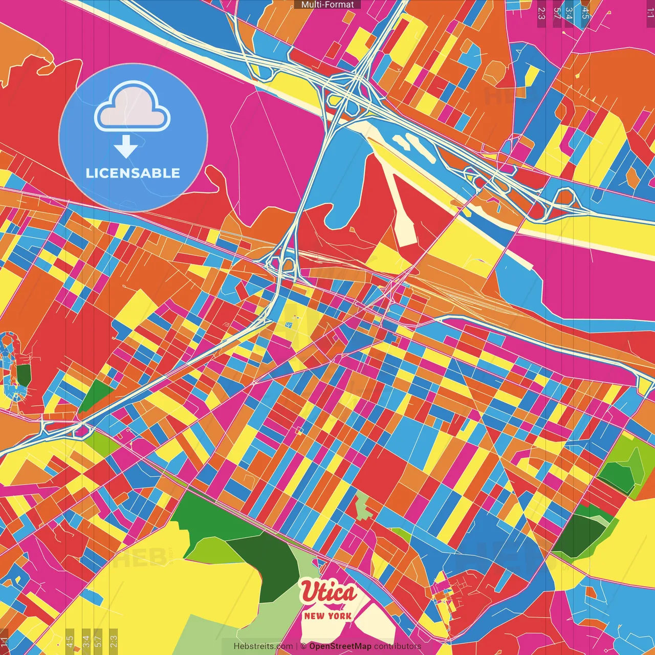 Utica, New York, United States Crazy Colorful Street Map Poster Template