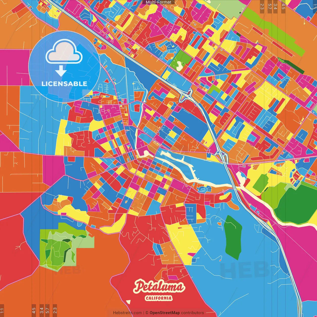Petaluma, California, United States Crazy Colorful Street Map Poster Template