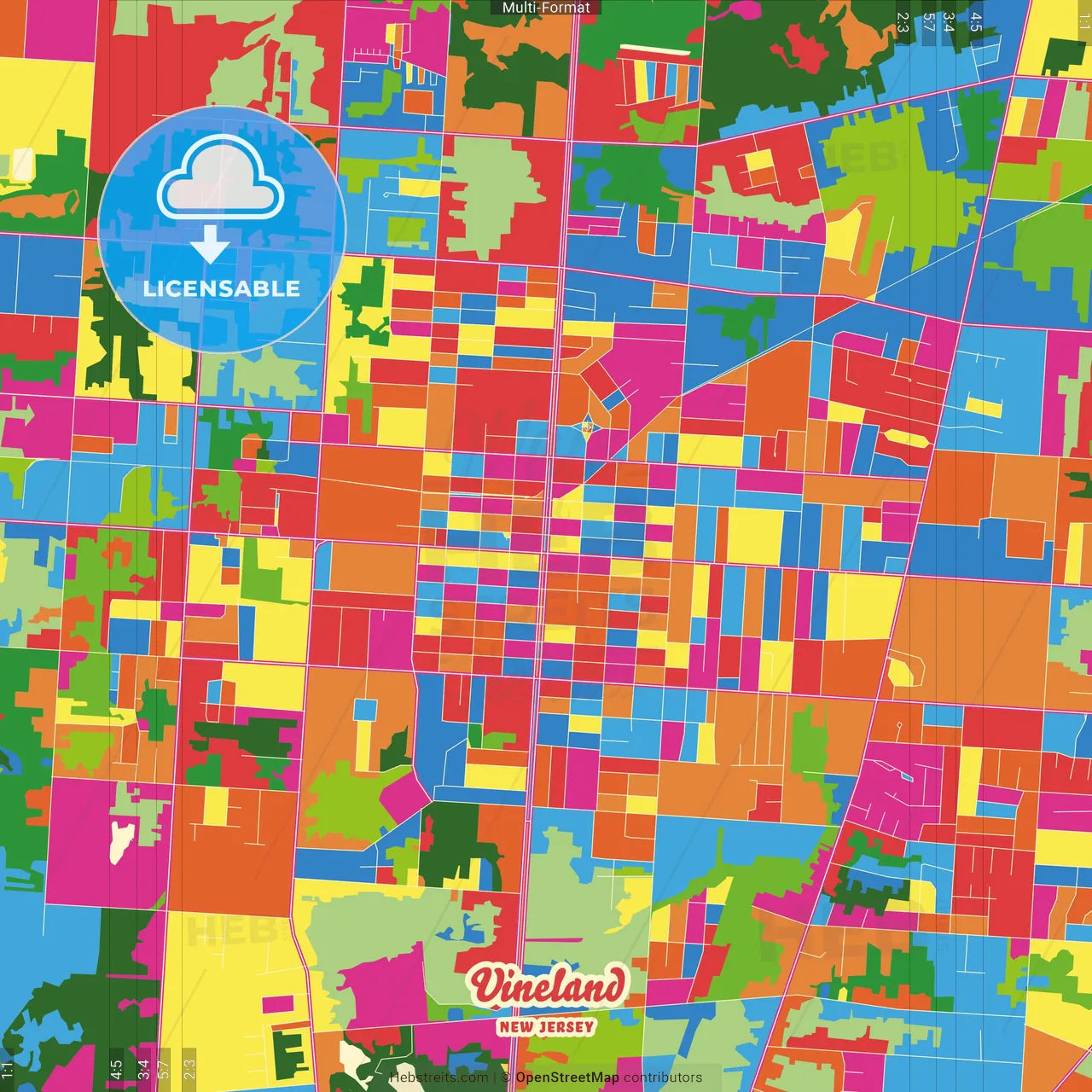 Vineland, New Jersey, United States Crazy Colorful Street Map Poster Template