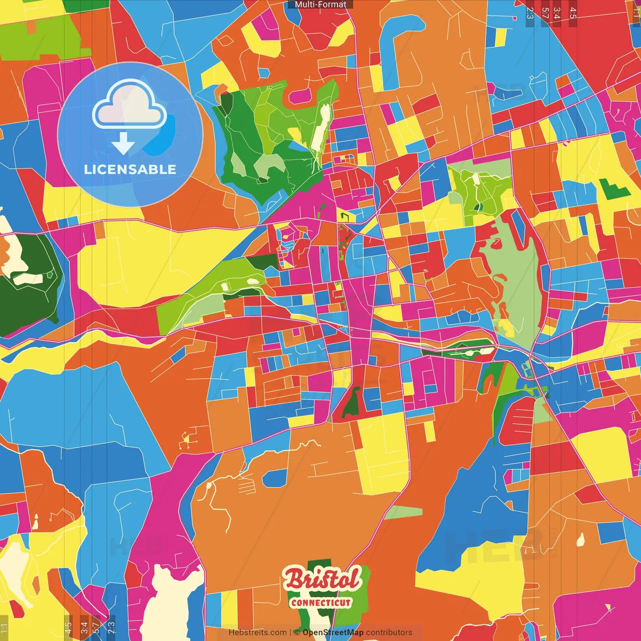 Bristol, Connecticut, United States Crazy Colorful Street Map Poster Template