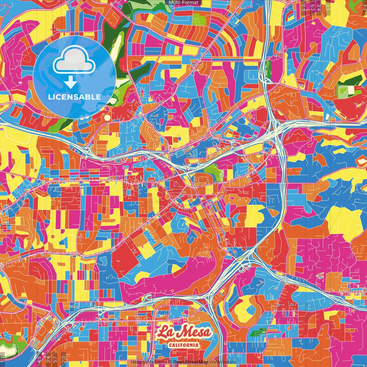 La Mesa, California, United States Crazy Colorful Street Map Poster Template