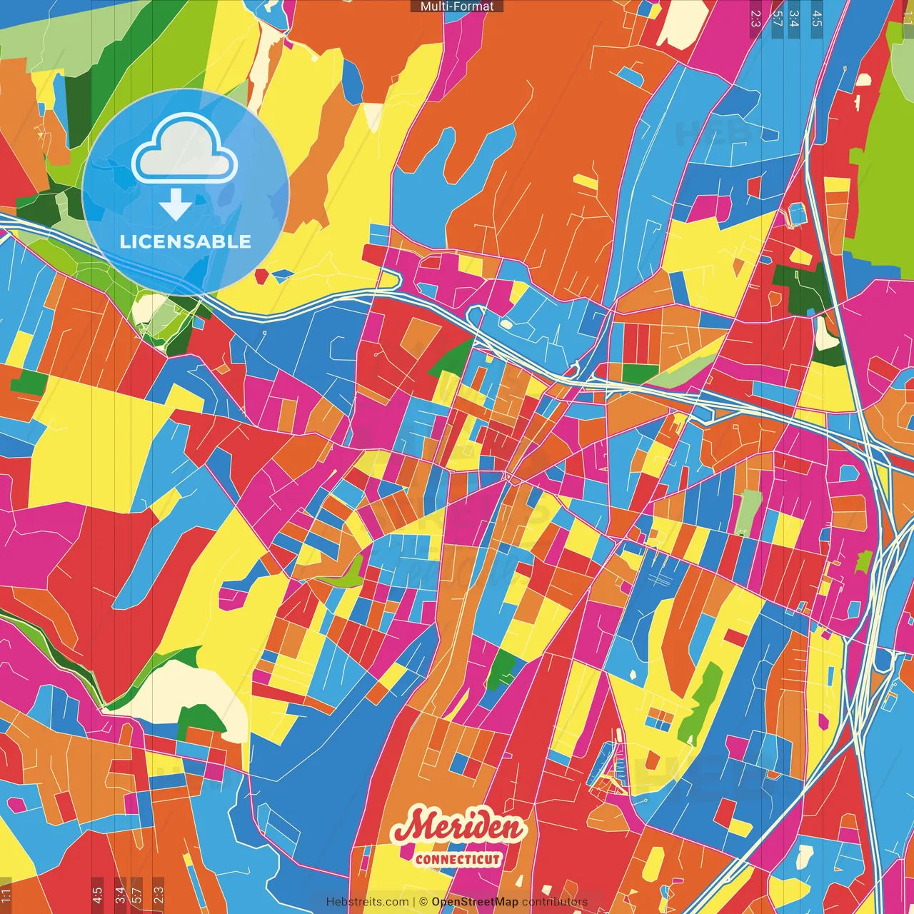 Meriden, Connecticut, United States Crazy Colorful Street Map Poster Template