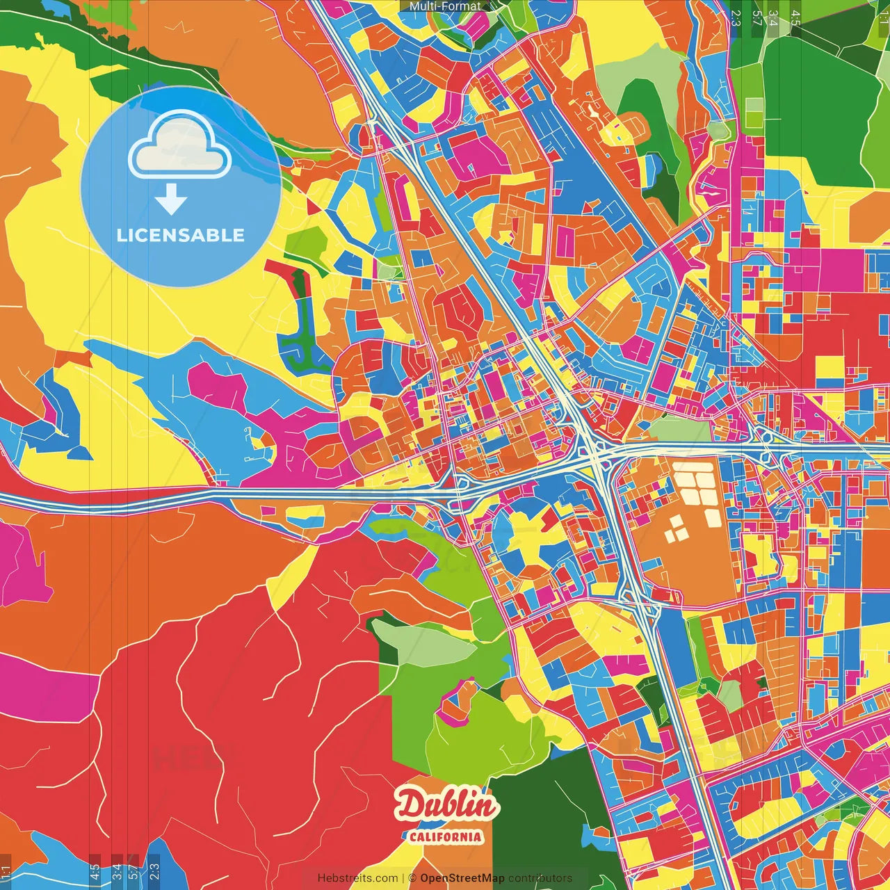 Dublin, California, United States Crazy Colorful Street Map Poster Template