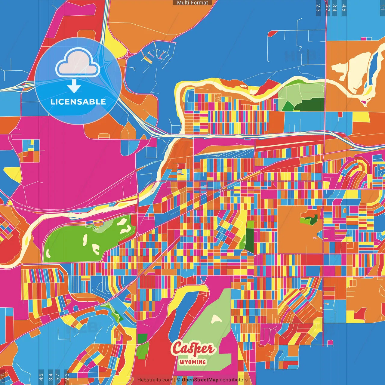 Casper, Wyoming, United States Crazy Colorful Street Map Poster Template