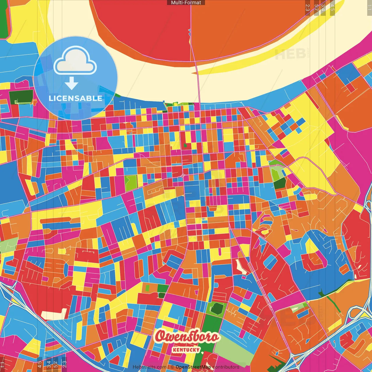 Owensboro, Kentucky, United States Crazy Colorful Street Map Poster Template