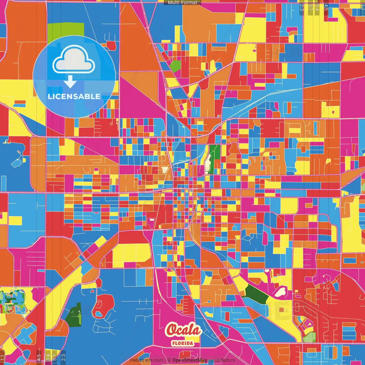 Ocala, Florida, United States Crazy Colorful Street Map Poster Template