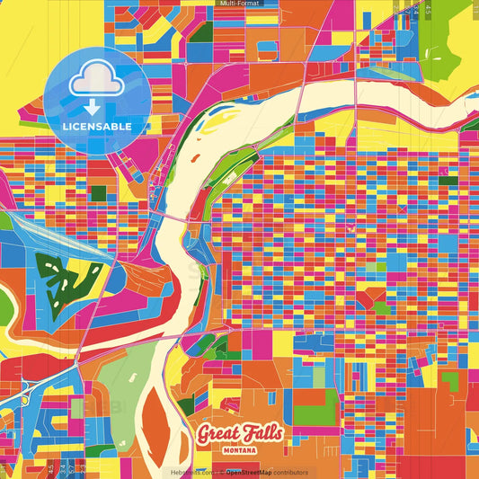Great Falls, Montana, United States Crazy Colorful Street Map Poster Template