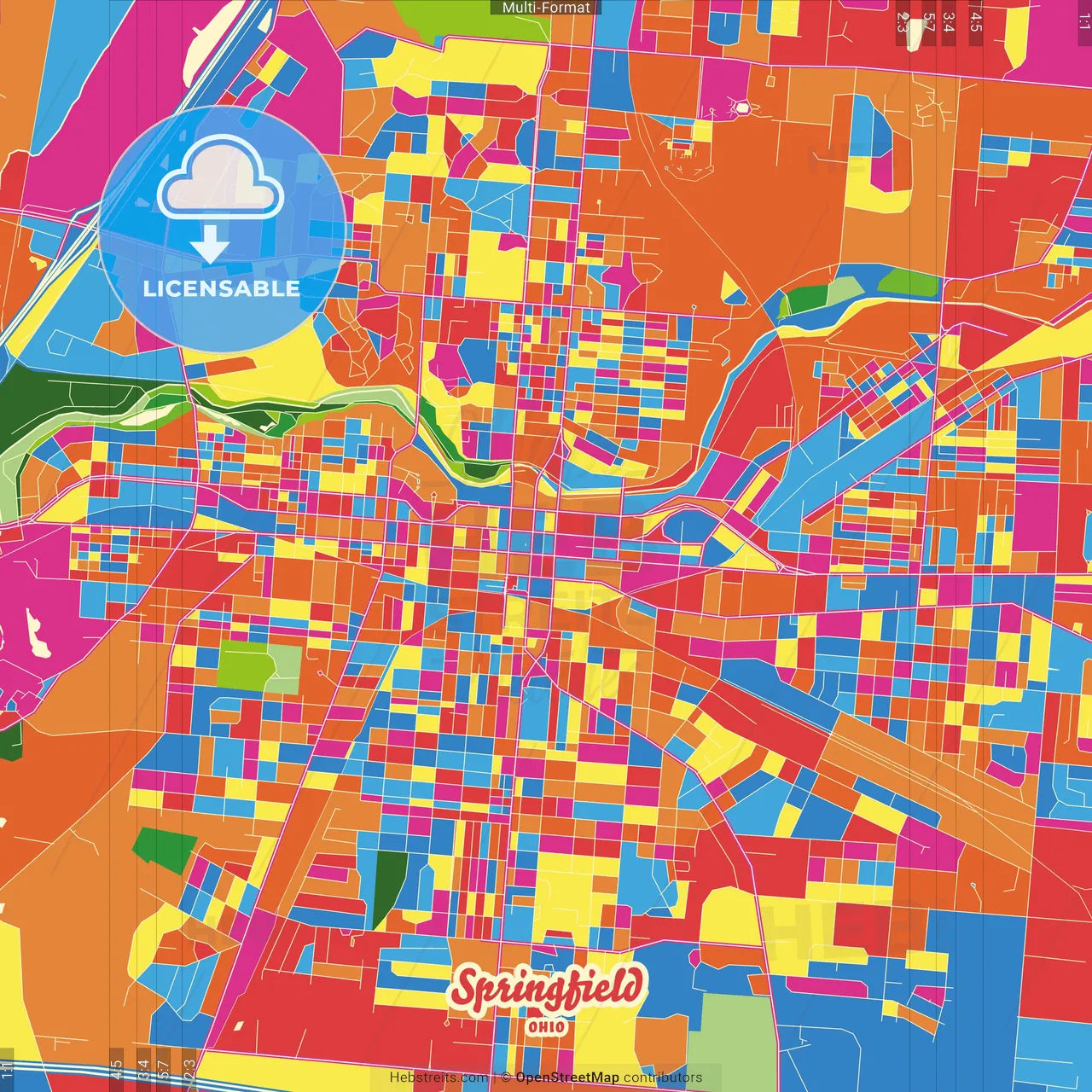 Springfield, Ohio, United States Crazy Colorful Street Map Poster Template