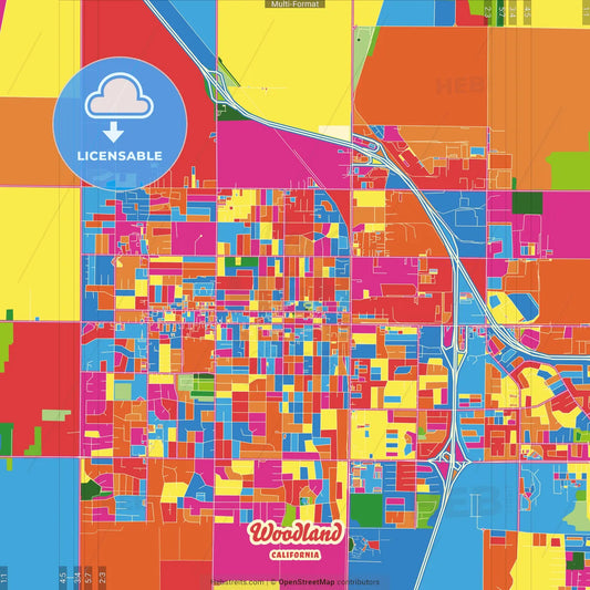 Woodland, California, United States Crazy Colorful Street Map Poster Template
