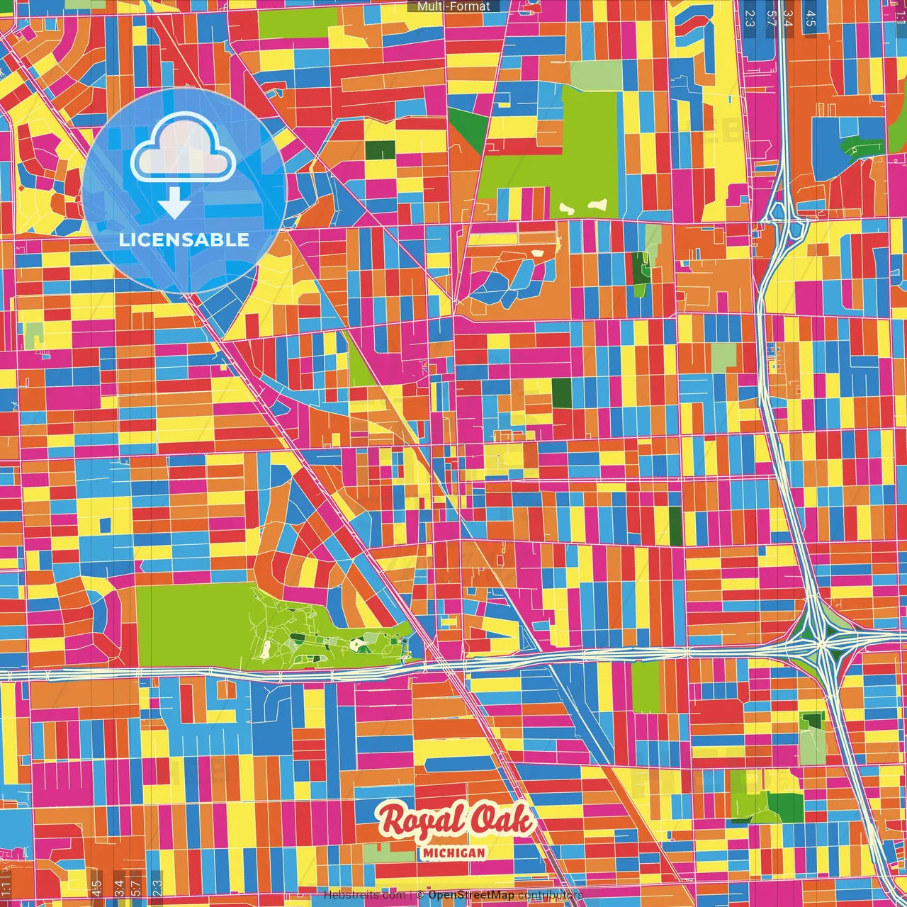 Royal Oak, Michigan, United States Crazy Colorful Street Map Poster Template
