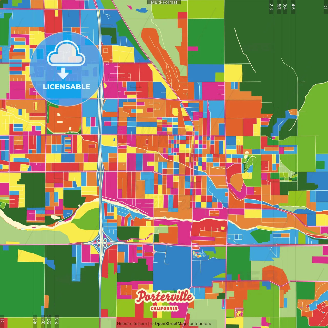 Porterville, California, United States Crazy Colorful Street Map Poster Template