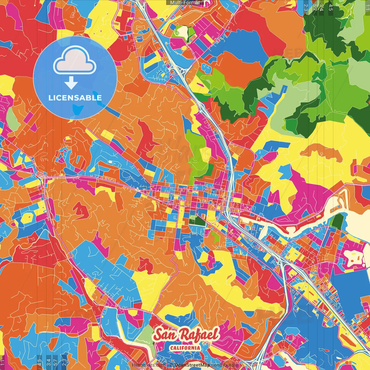 San Rafael, California, United States Crazy Colorful Street Map Poster Template