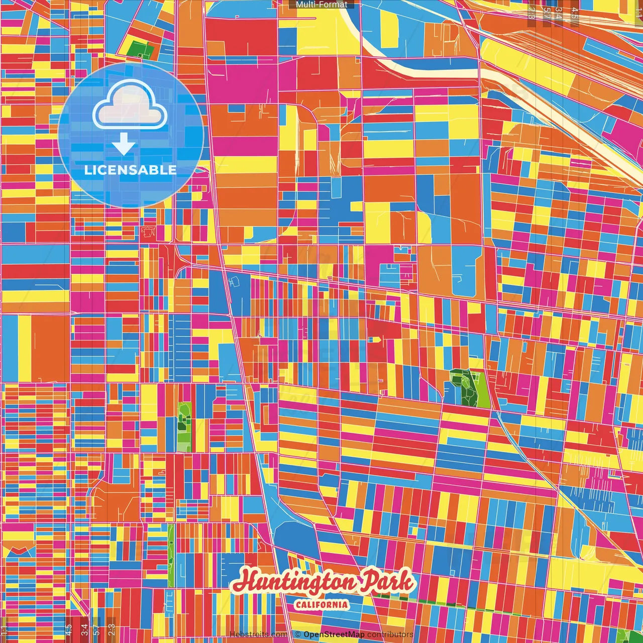 Huntington Park, California, United States Crazy Colorful Street Map Poster Template