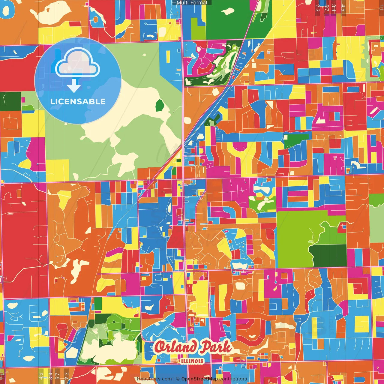 Orland Park, Illinois, United States Crazy Colorful Street Map Poster Template