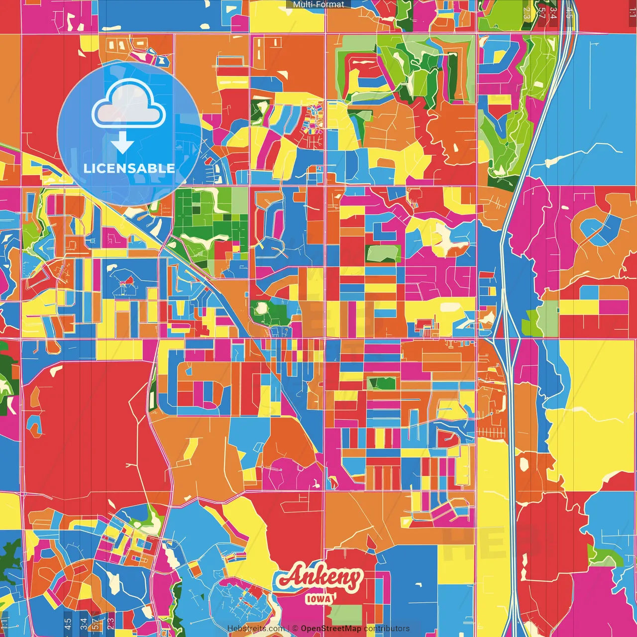 Ankeny, Iowa, United States Crazy Colorful Street Map Poster Template