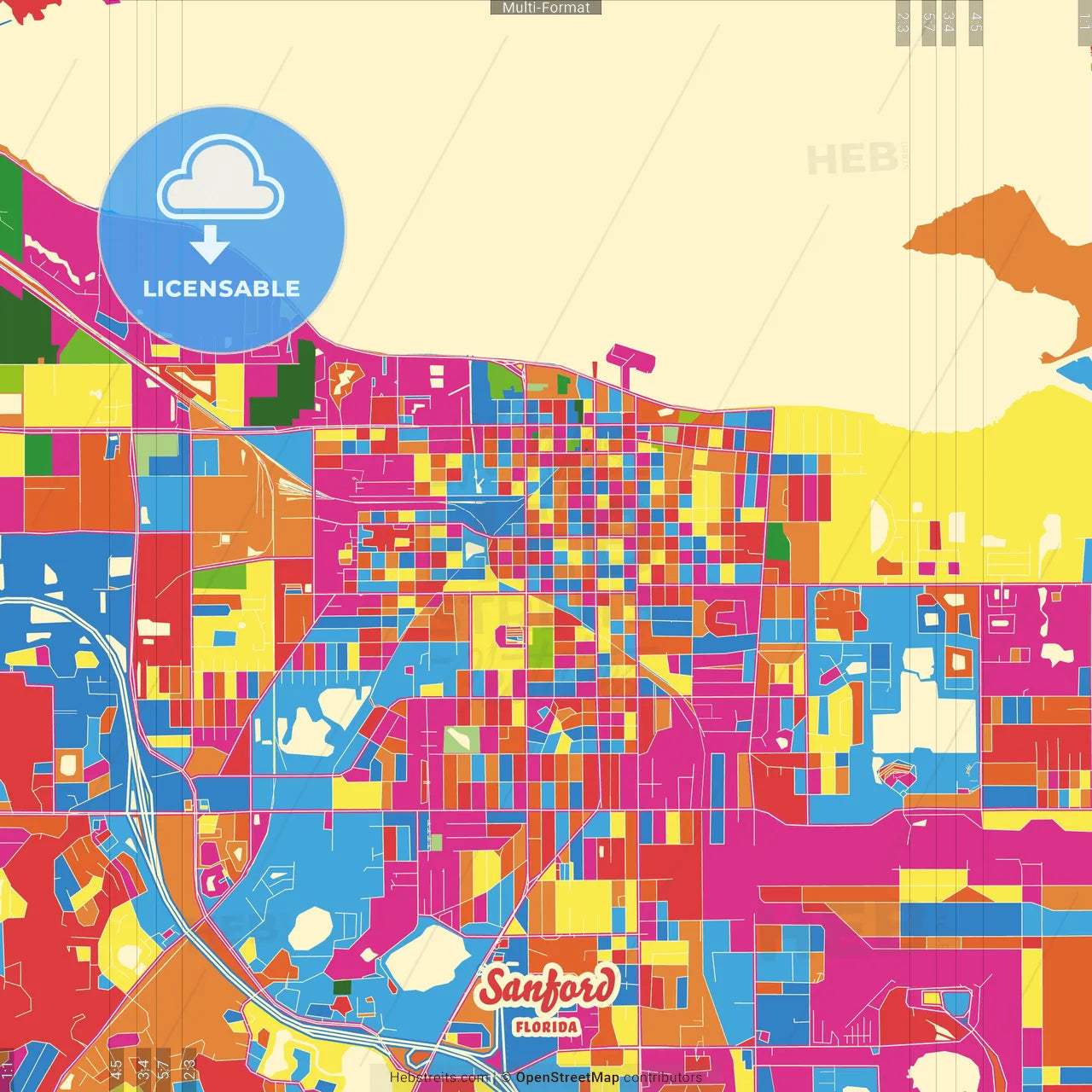 Sanford, Florida, United States Crazy Colorful Street Map Poster Template