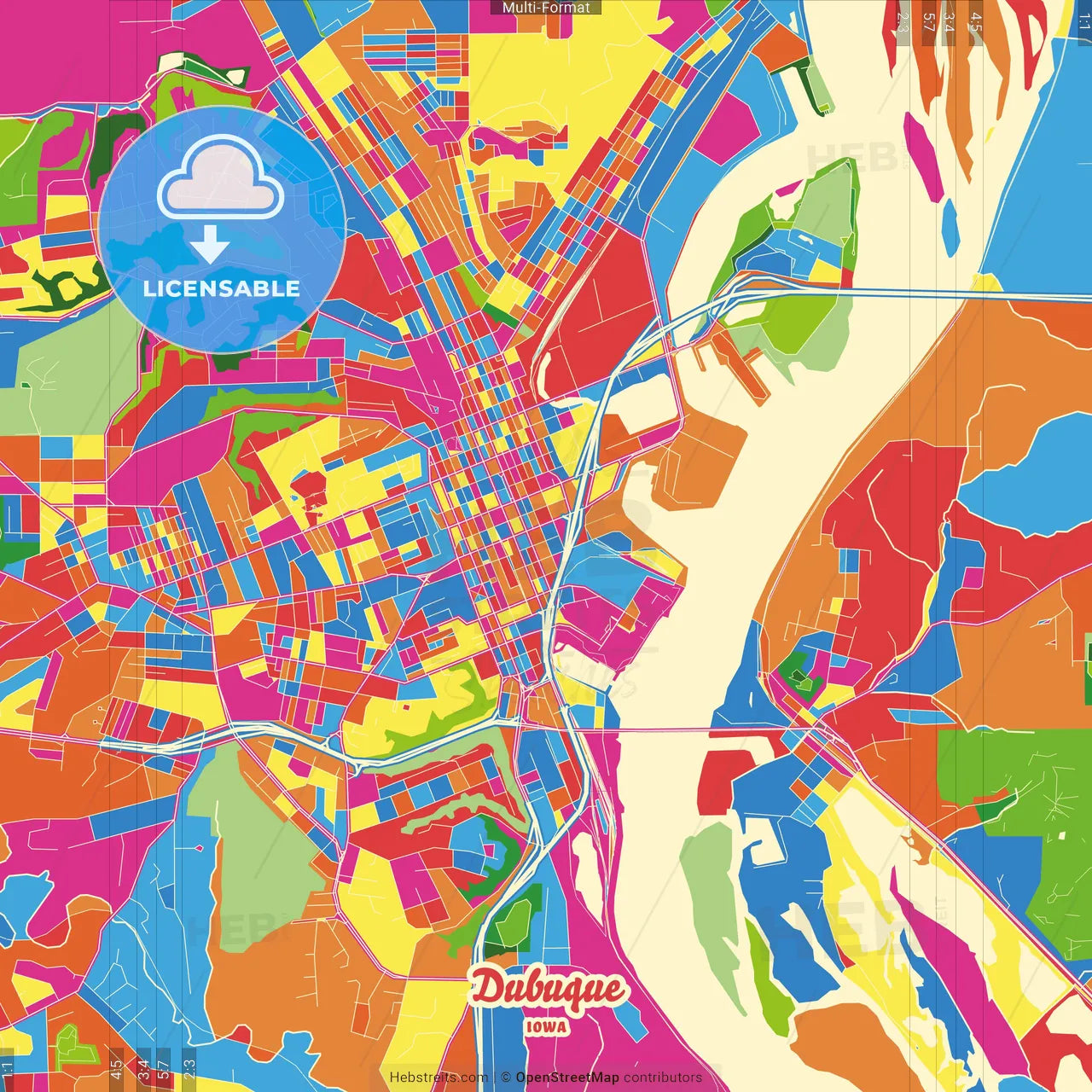 Dubuque, Iowa, United States Crazy Colorful Street Map Poster Template