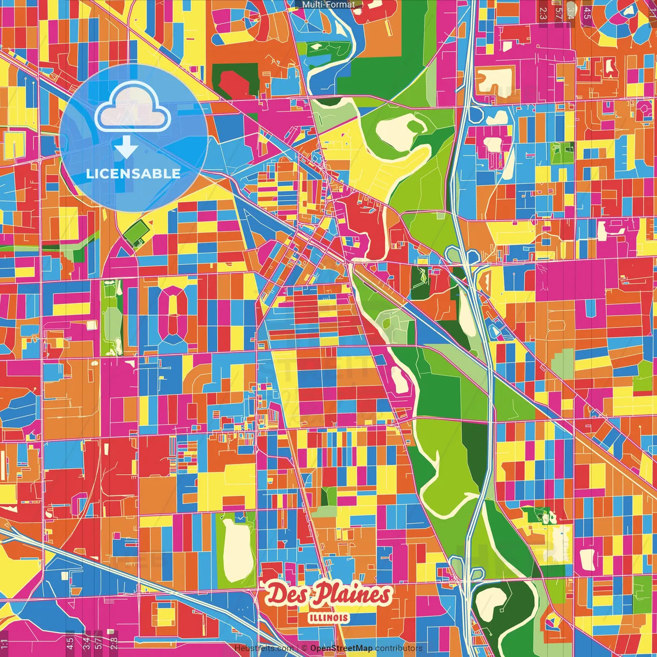 Des Plaines, Illinois, United States Crazy Colorful Street Map Poster Template