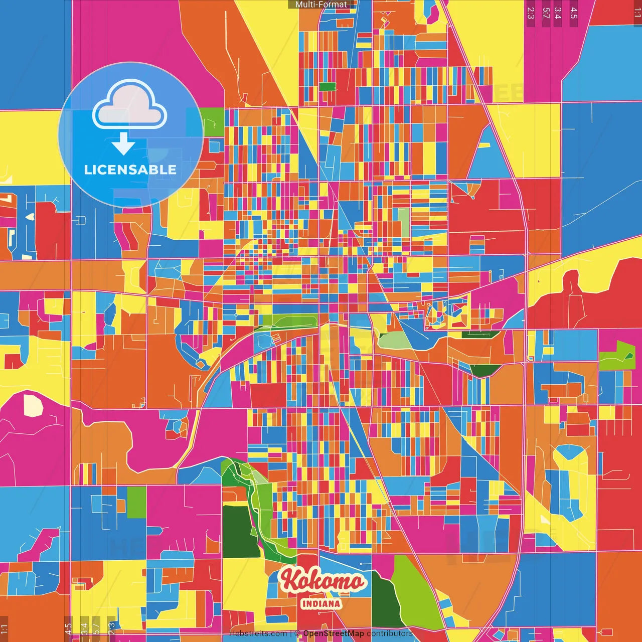 Kokomo, Indiana, United States Crazy Colorful Street Map Poster Template