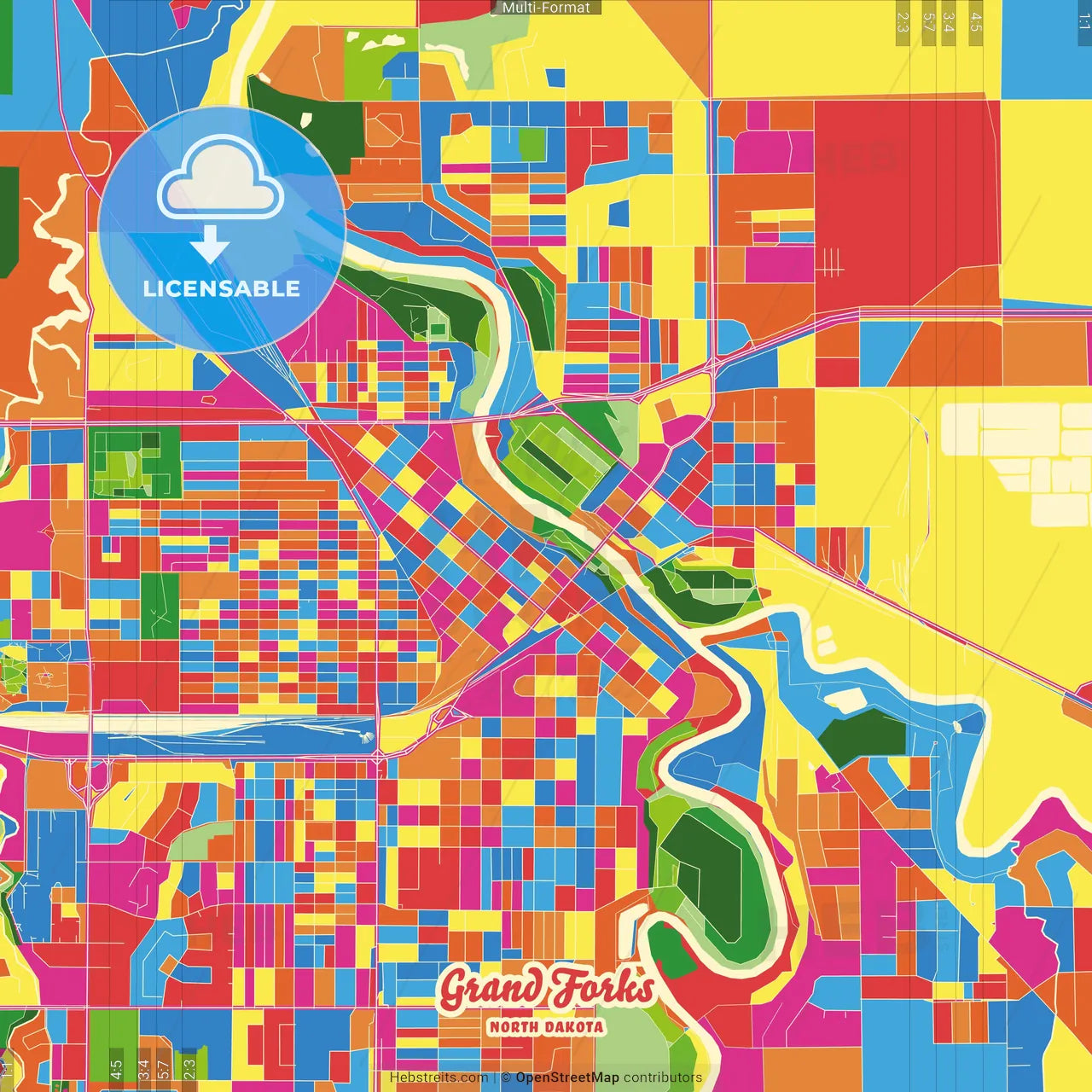 Grand Forks, North Dakota, United States Crazy Colorful Street Map Poster Template