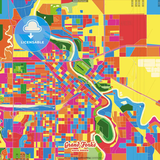 Grand Forks, North Dakota, United States Crazy Colorful Street Map Poster Template
