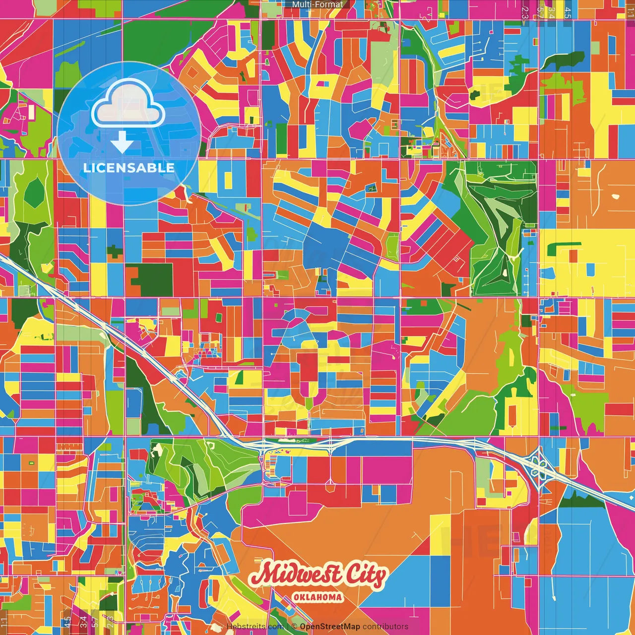 Midwest City, Oklahoma, United States Crazy Colorful Street Map Poster Template