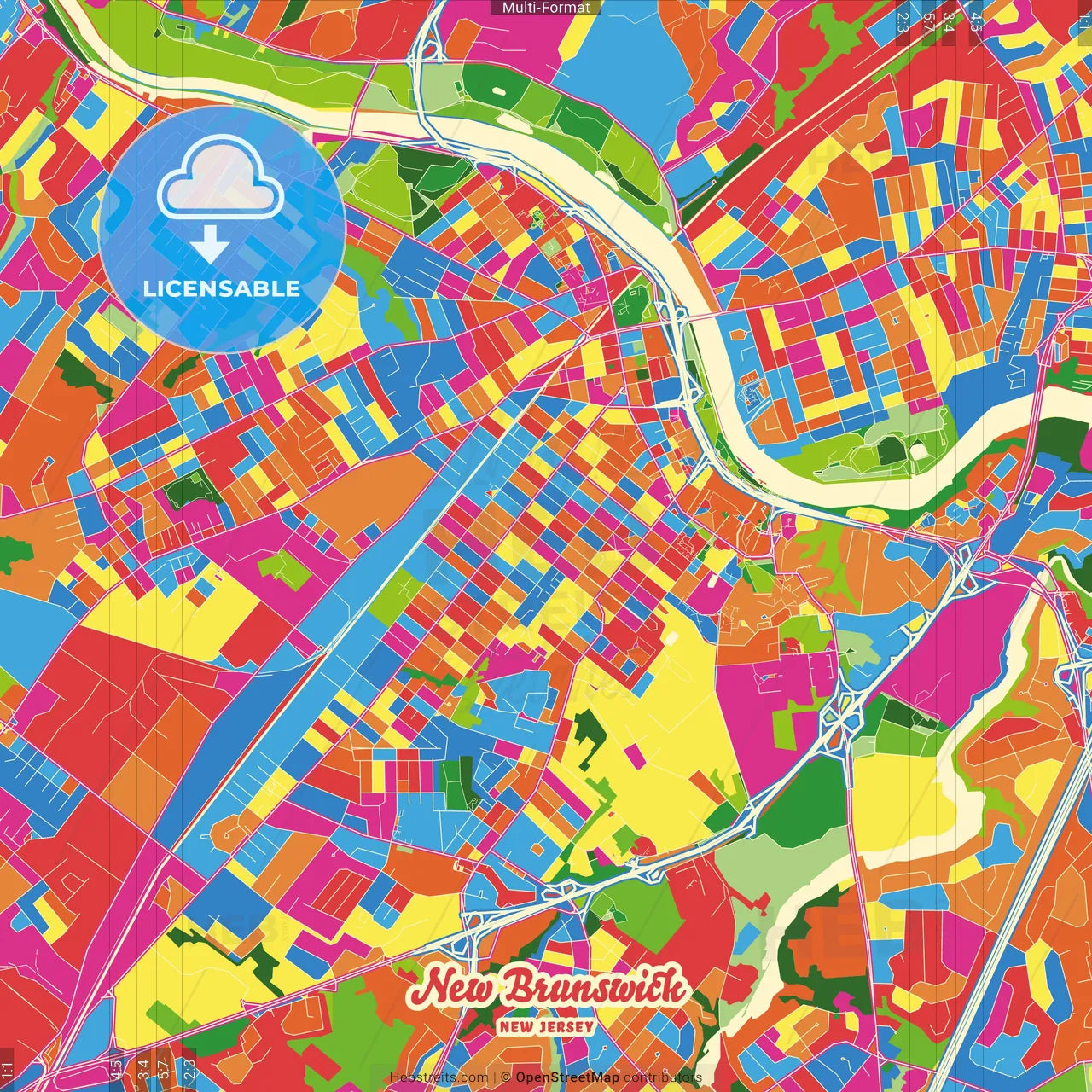 New Brunswick, New Jersey, United States Crazy Colorful Street Map Poster Template