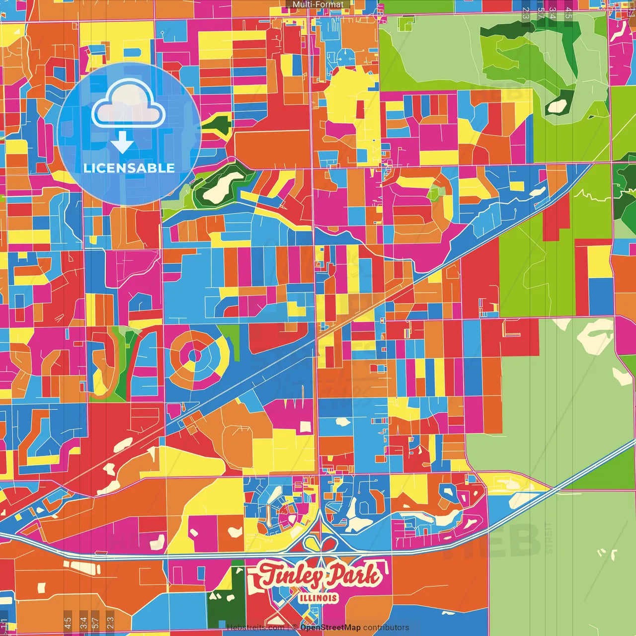 Tinley Park, Illinois, United States Crazy Colorful Street Map Poster Template