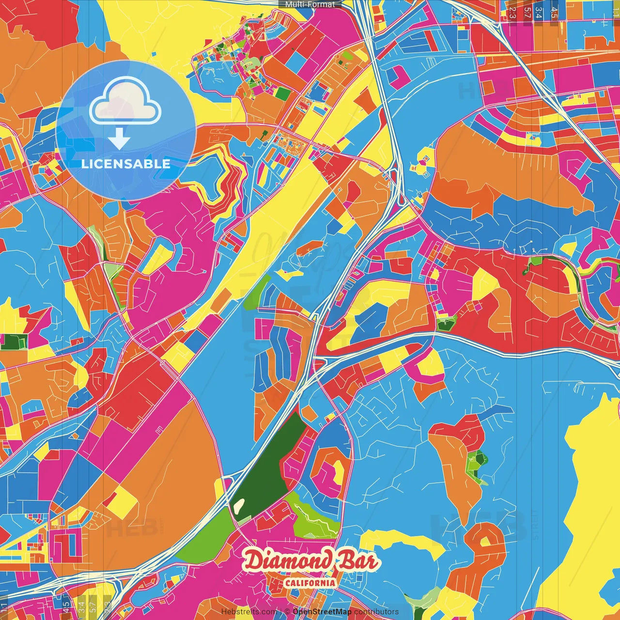 Diamond Bar, California, United States Crazy Colorful Street Map Poster Template