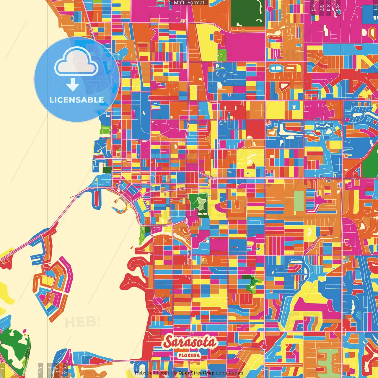 Sarasota, Florida, United States Crazy Colorful Street Map Poster Template